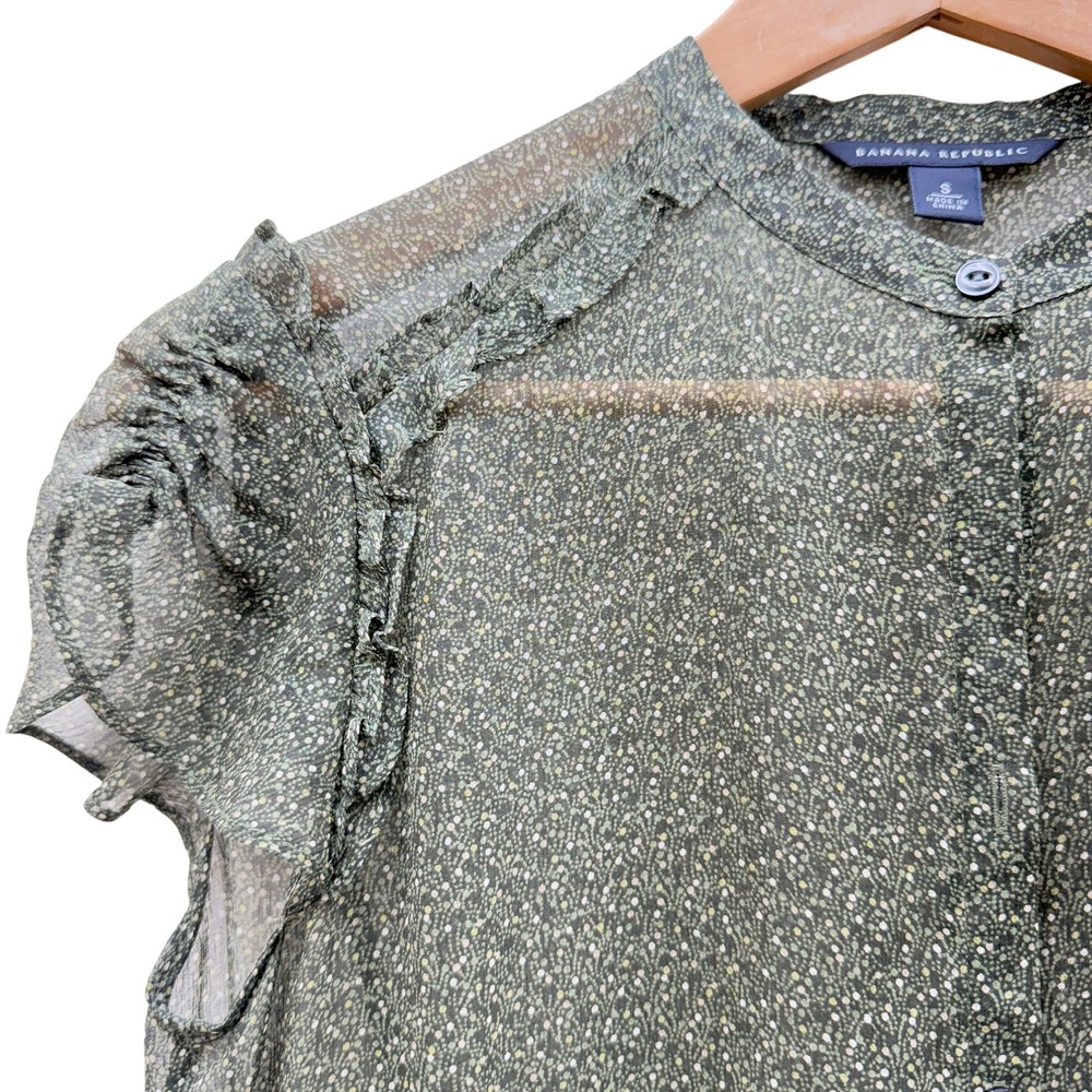 Banana Republic Olive Green Floral Sheer Button Up Top Blouse Sm Romantic Fall